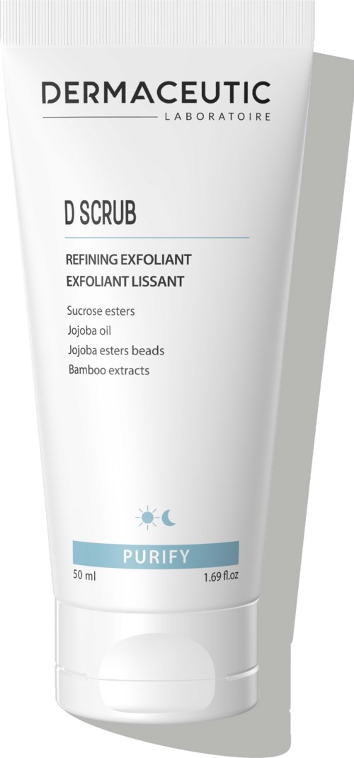 Hvit tube med D Scrub, svart og blå tekst, ingrediensliste og blå Purify-merke.