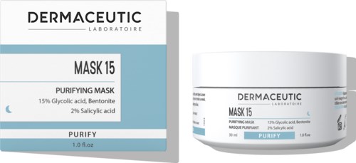 Hudpleieprodukt i en beholder og eske, merket som Rensende Maske 15, med ingredienser som glykolsyre og salisylsyre.