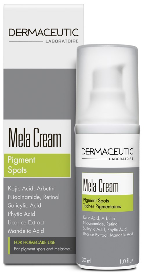 En vit och grå flaska med etiketten "Mela Cream" för pigmentfläckar, med ingredienser listade för hemmabruk.