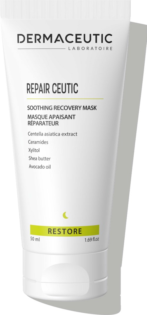 Hvit tube med svart tekst for DERMACEUTIC Repair Ceutic beroligende restitusjonsmaske, 50 ml, med grønt og gult høydepunkt.