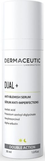 En hvit flaske med Dermaceutical DUAL+ anti-blemish serum med enkel etikett og 30 ml størrelse.