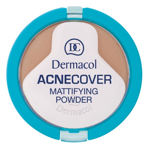Rundt kompaktdosor med blå kant, märkt Acnecover Mattifying Powder av Dermacol, avsedd för hudvård och oljekontroll.