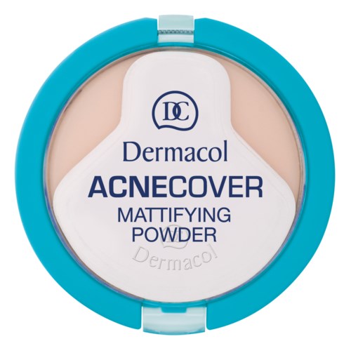 Blå puderlock med beige mattpuder inuti, märkt 'Dermacol ACNECOVER'.