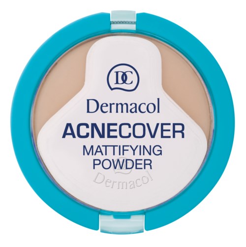 En liten dosa med blå kant innehåller Dermacol Acnecover Mattifying Powder. Pulvret är i en rund, klar behållare.
