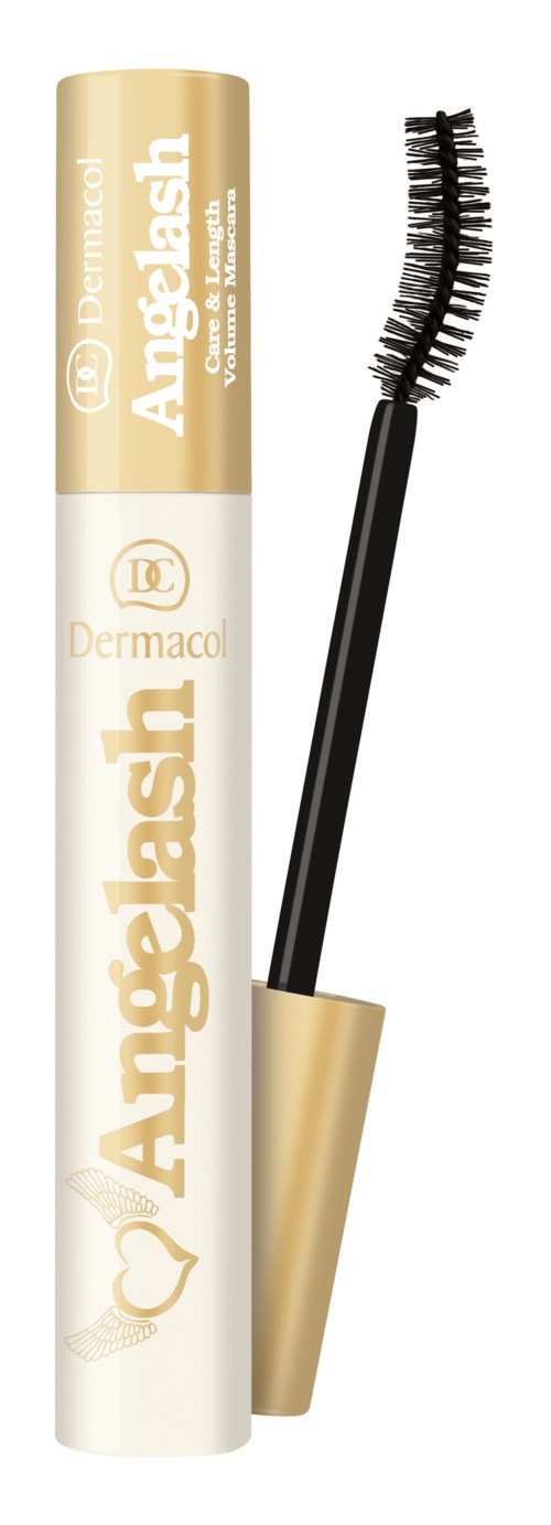 A tube of Dermacol Angel Flash mascara with an open brush showing curved black bristles.
