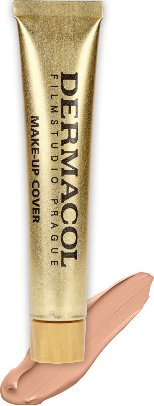 Gold tube of DermaColor full coverage makeup with a swatch of beige-colored foundation.