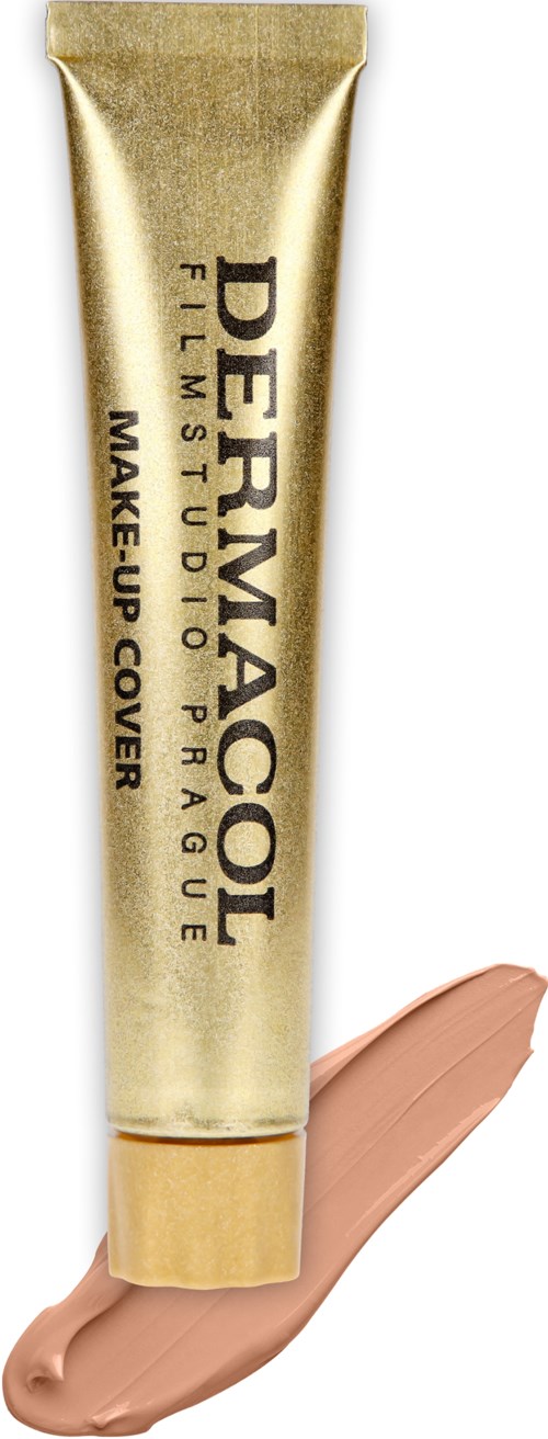 Gold tube of Dermacol makeup with beige foundation rubbed at the bottom.