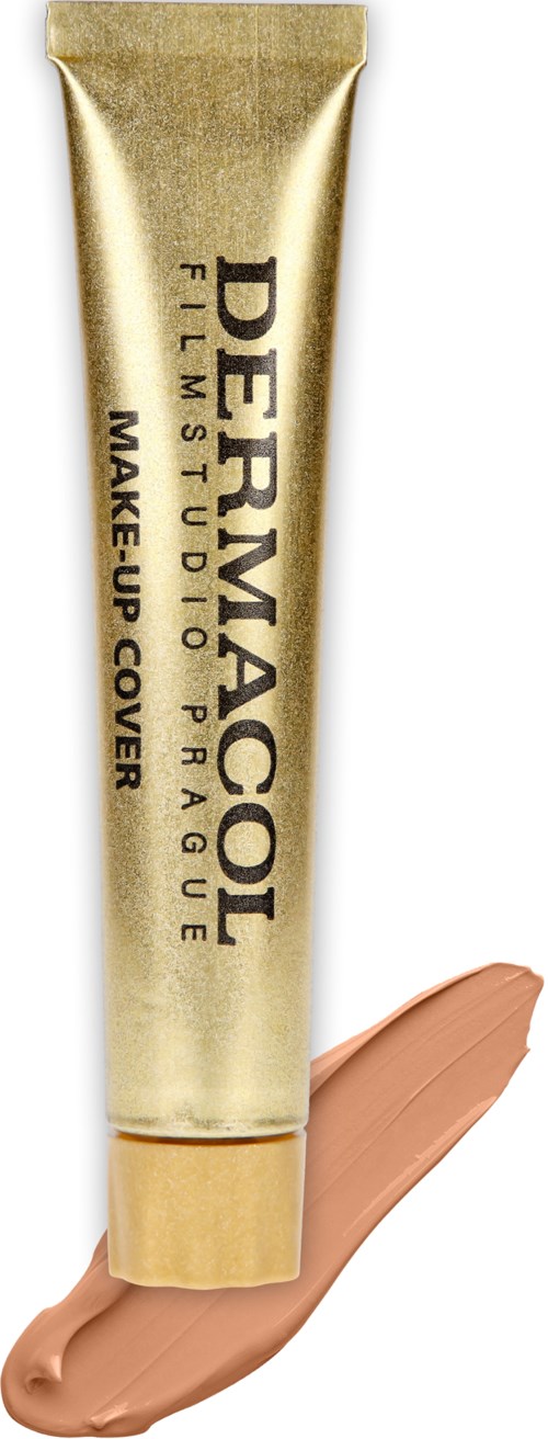 Złota tubka z czarnym tekstem, pokazująca produkt do makijażu Dermacol make-up cover, z próbka beżowego makijażu.