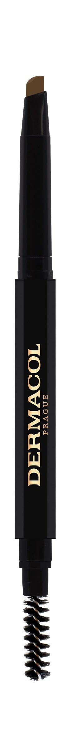 En ögonbryns penna med en spoolie-borste i änden, märkt "DERMATOOL" i guld bokstäver.