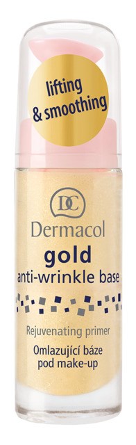 En flaska Dermacol Gold anti-rynkbas med rosa lock, märkt för att lyfta, släta ut och föryngra huden.
