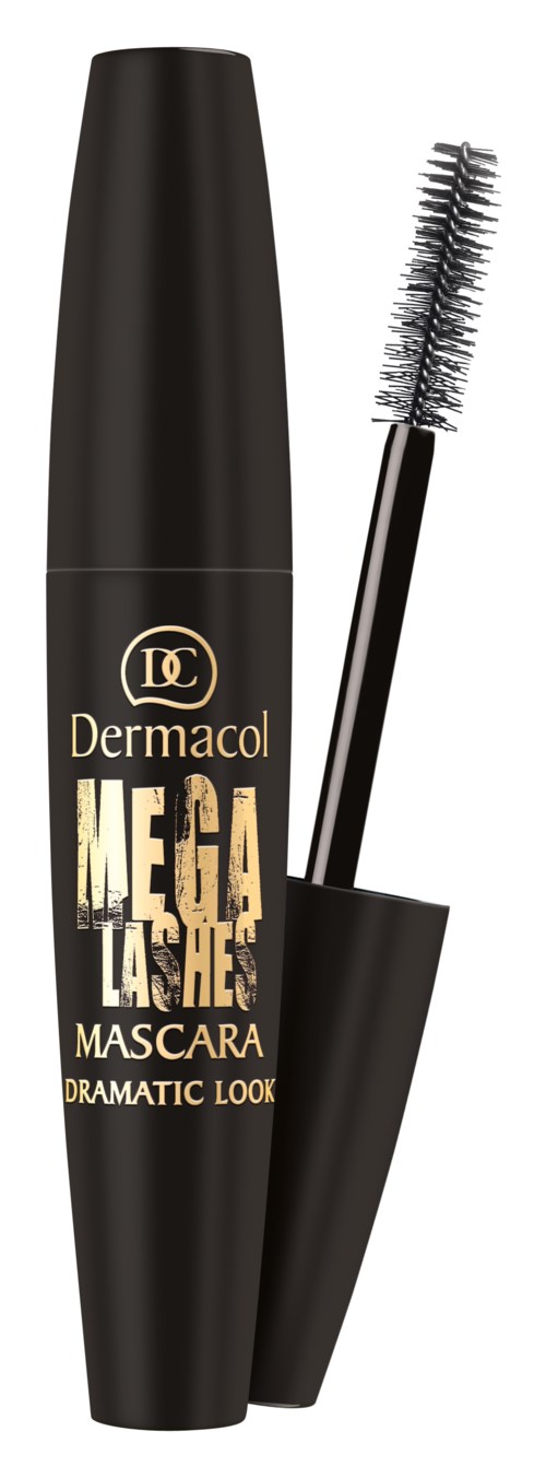 En svart mascara-emballasje med en børste, merket Dermacol Mega Lash Mascara for dramatiske utseender.