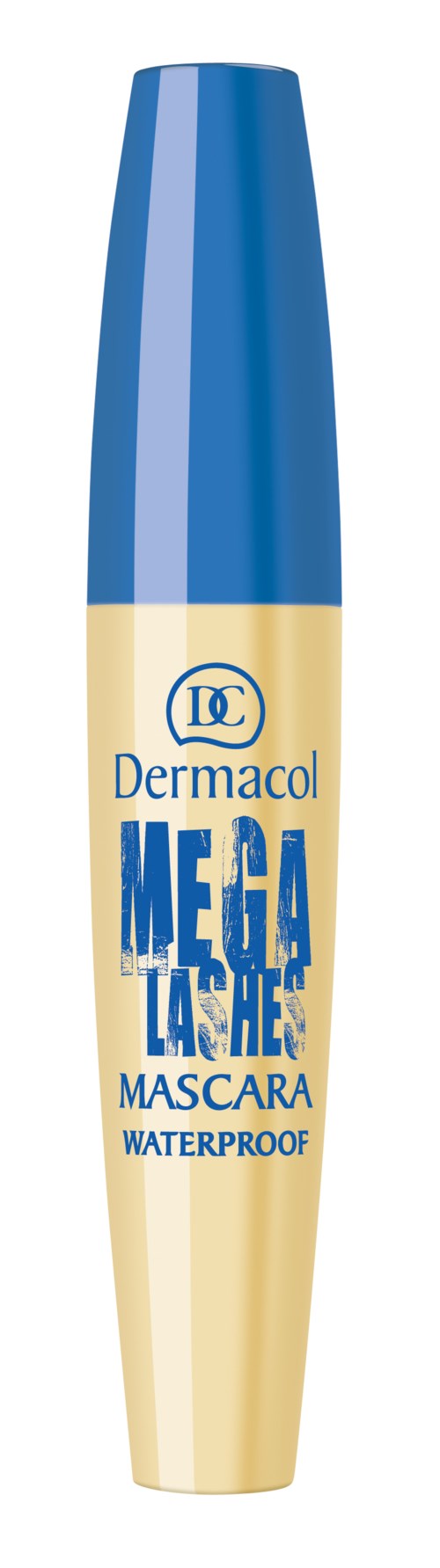 En beige och blå vattentät mascara-rör med varumärkesnamnet och produktdetaljerna tryckta på.