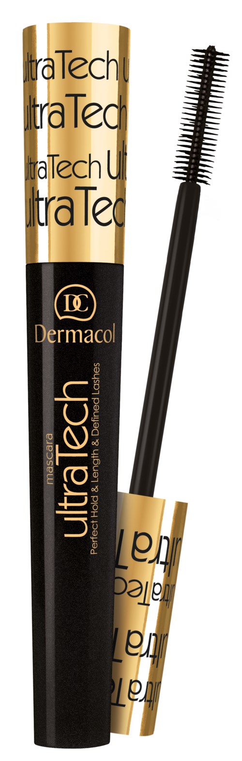 A mascara tube with a gold and black design, labeled Ultra Tech, and a mascara brush extension.