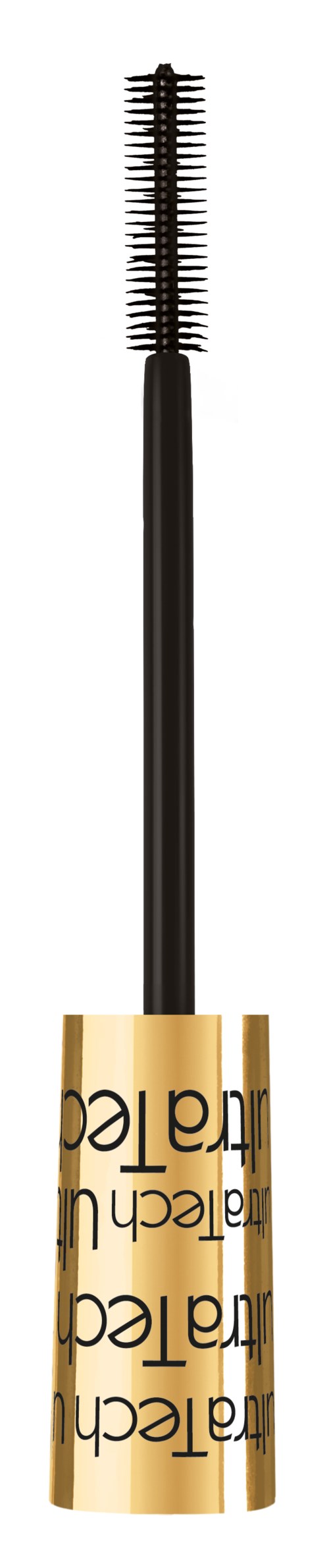 A mascara wand with a black handle and a gold tube, used for applying mascara to eyelashes.