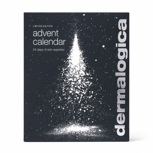 Begrenset utgave kalender med mørk bakgrunn og hvit prikkete design, med Dermalogica-logo og tekst.
