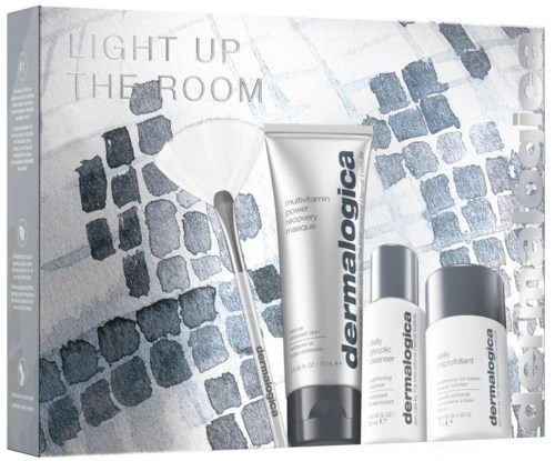 Set med hudvårdsprodukter, inklusive tub, flaska och burk från Dermalogica för hudåterhämtning och upplysning.