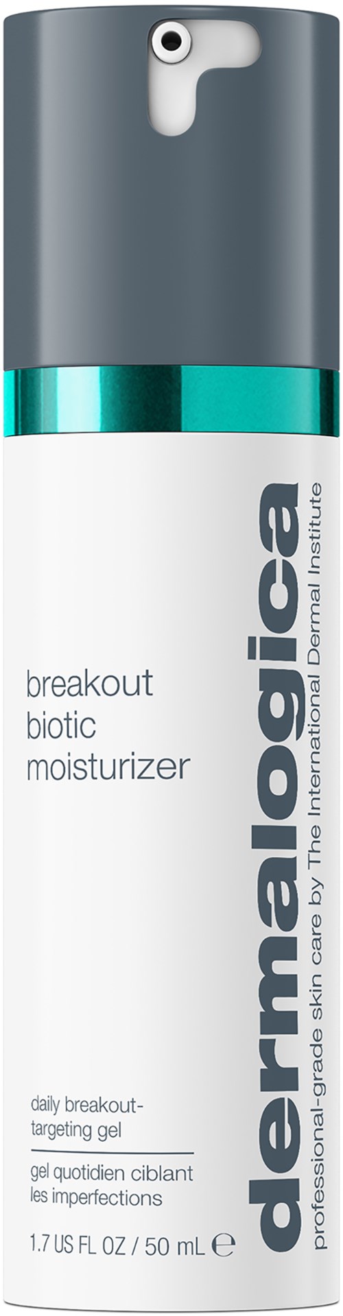 A white bottle with a gray top and blue label, named Derma E. It is a skincare moisturizer for breakouts.