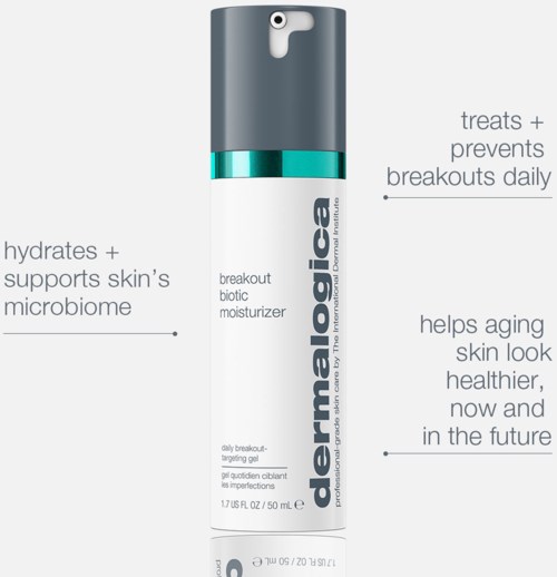 A white and gray bottle with blue accents, claiming to hydrate, support skin, and prevent breakouts daily.