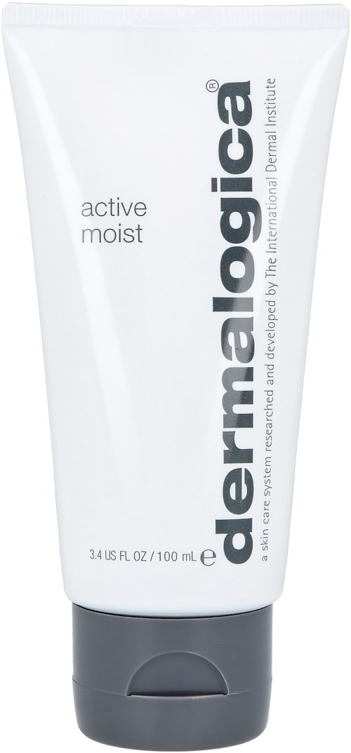 En vit tub märkt 'dermalogica active moist' med en mörkgrå lock.