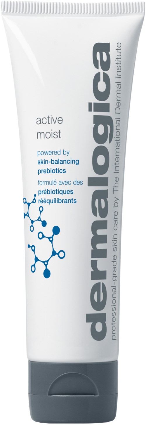 Valkoinen tubi DermaSelect Active Moist -voiteella, jossa on sinistä tekstiä ja molekyylikuvake.