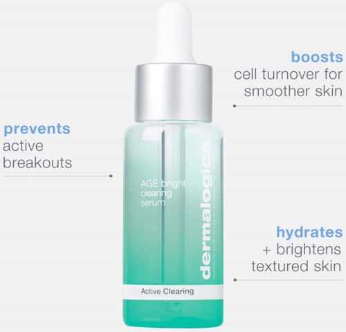 A skincare serum bottle with dropper, highlighting benefits to prevent breakouts, boost cell turnover, and hydrate skin.