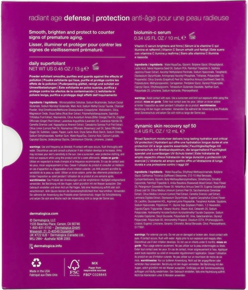 Det er en lilla æske med hvid og pink tekst, der beskriver hudplejeprodukter, herunder serum og solcreme.
