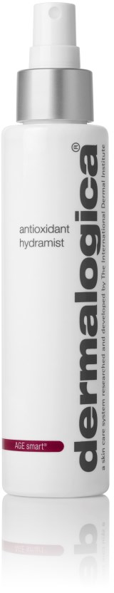 En vit flaska med silverlock och pump, märkt Dermalogica antioxidant hydramist, avsedd för hudvård.
