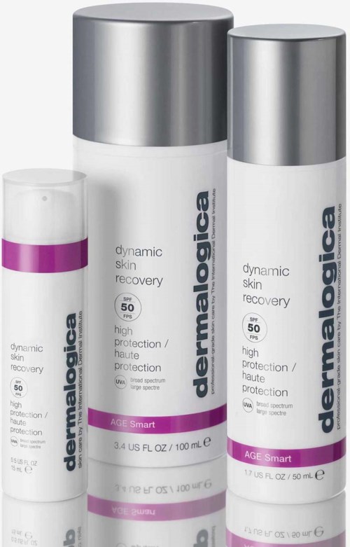 Tre flasker med hudgjenopprettingskrem fra Dermalogica, merket for høyt beskyttelse og alderssmart omsorg.