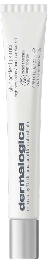Eine weiße Tube mit der Aufschrift Dermalogica Skinperfect Primer, steht aufrecht mit silberner Kappe.