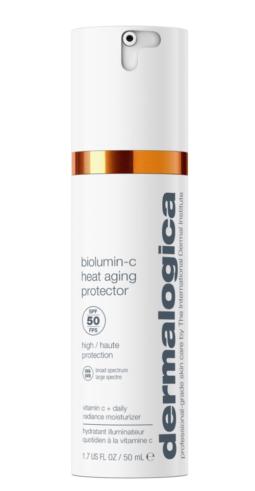 A white bottle of sun protection cream with a pump, labeled 'dermalogica', with SPF 50 and vitamin C.