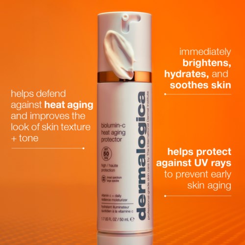 A white bottle with orange background. It promotes a skincare product that protects, hydrates, and soothes skin.