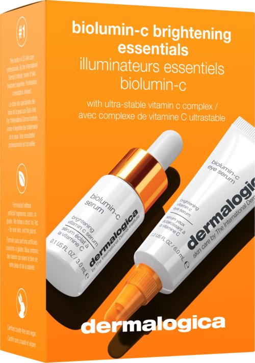 En lysende oransje eske inneholder hudpleieprodukter, inkludert et serum og et øyeserum, merket 'biolumin-c'.