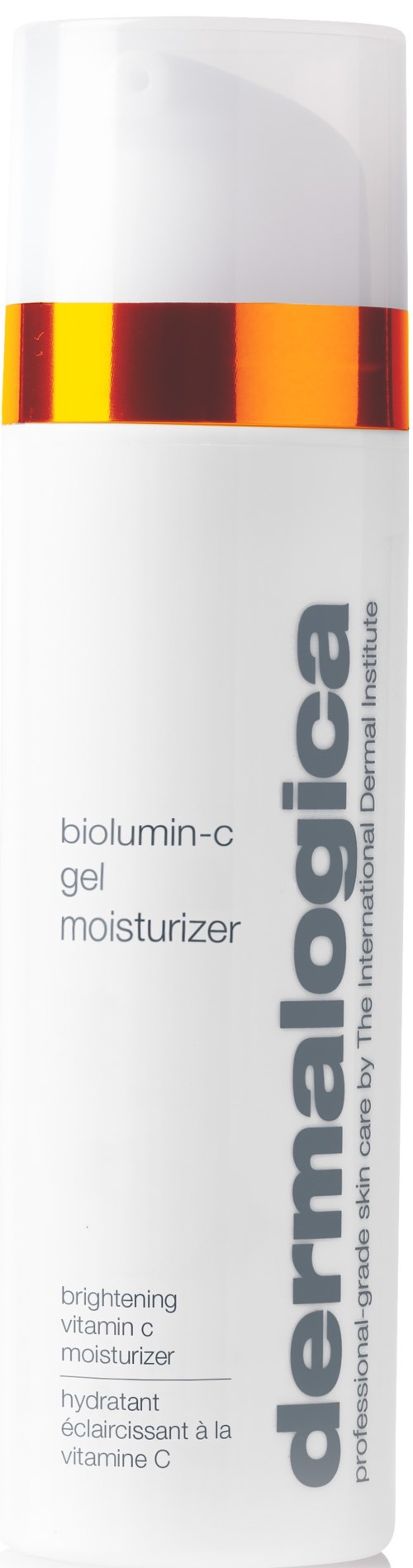 Biała butelka z czerwonym i żółtym paskiem, oznaczona 'dermalogica biolumin-c gel moisturizer'.