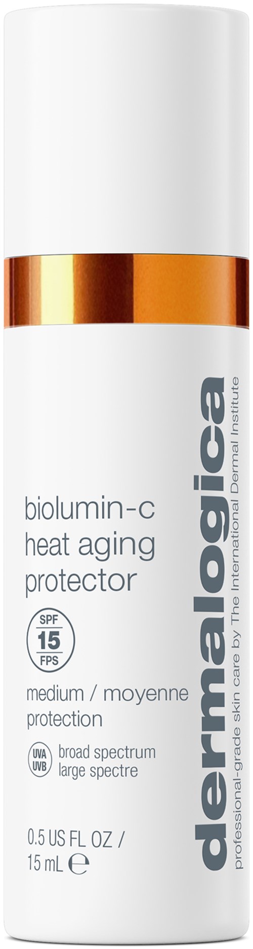 A white cylindrical bottle with a gold band, labeled as a skin protector with SPF 15 for aging skin, 15ml size.