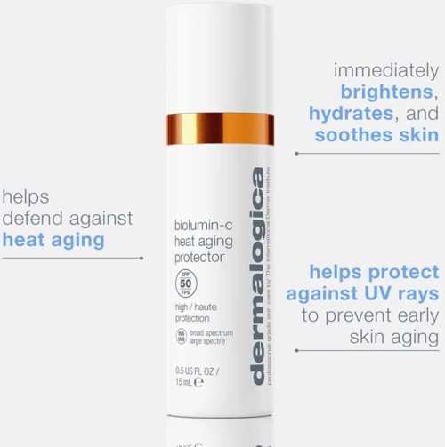 A skincare product bottle with claims to brighten, hydrate, soothe, protect against UV rays and heat aging.