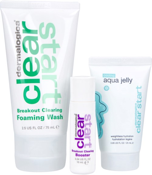 Three skincare products, including a foaming wash, a booster, and an aqua jelly, are shown in white tubes and bottle.