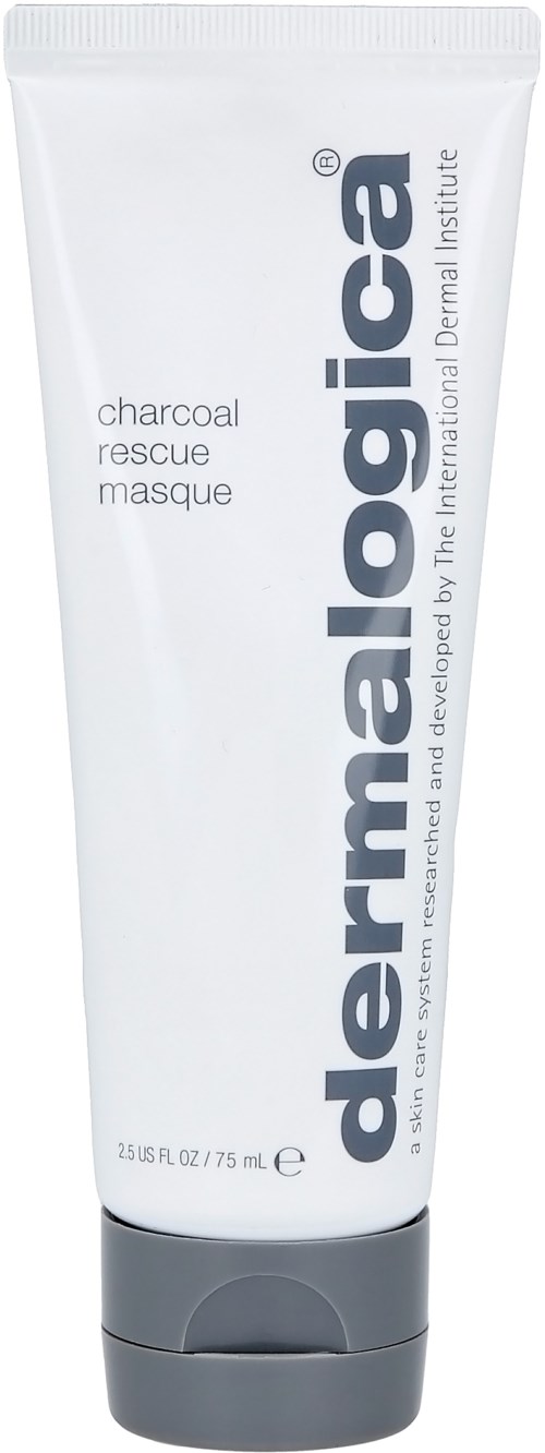 En vit tub med DermaLogic Charcoal Rescue Masque med svarta och grå detaljer, stående upprätt.