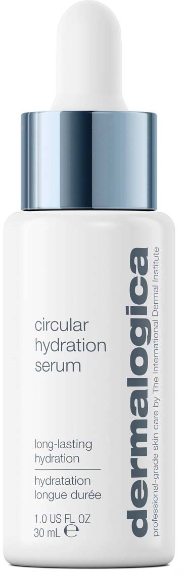 Eine weiße Tropfflasche mit silberner Kappe, beschriftet 'dermalogica' und 'circular hydration serum', 30 ml.