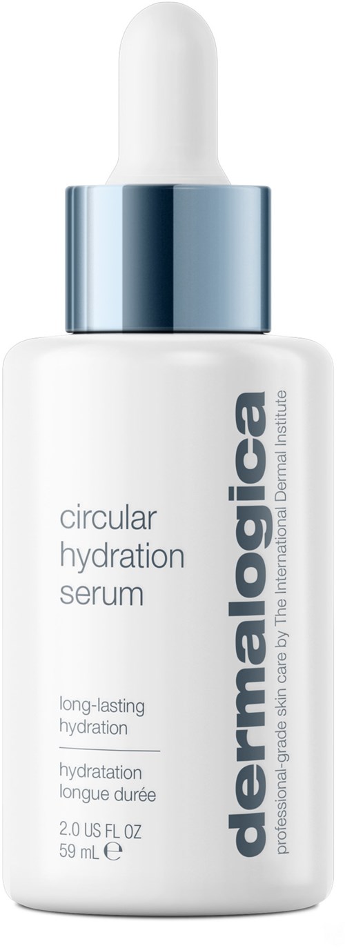 En vit flaska med en pipettlock, märkt dermalogica circular hydration serum, för långvarig hudfuktighet.