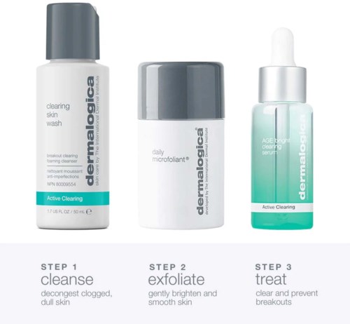 Drie huidverzorgingsproducten: een reinigingswas, een exfoliatiegel en een serum. Ze reinigen en verfrissen de huid.