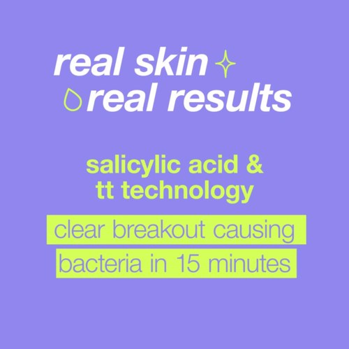 A logo with words promoting skin results, acne treatment technology, and quick bacteria clearing in 15 minutes.