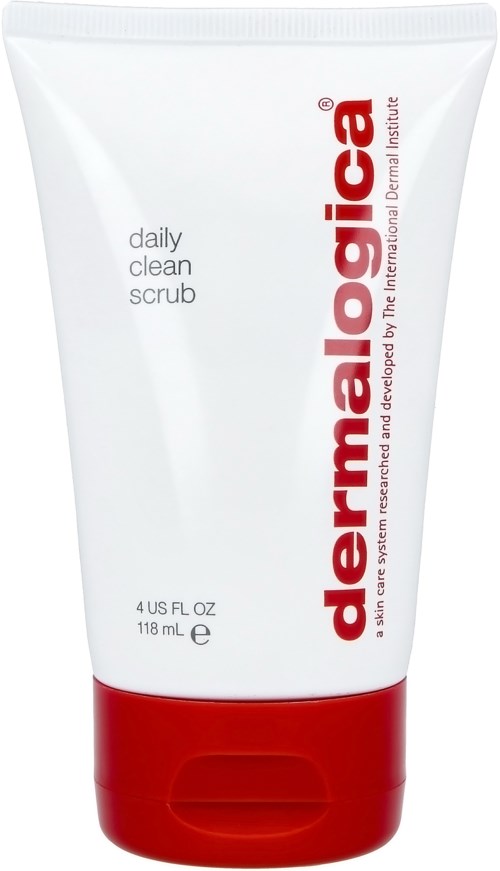 Hvit tube med rød krage og rød tekst, merket 'dermalogica daily clean scrub'.