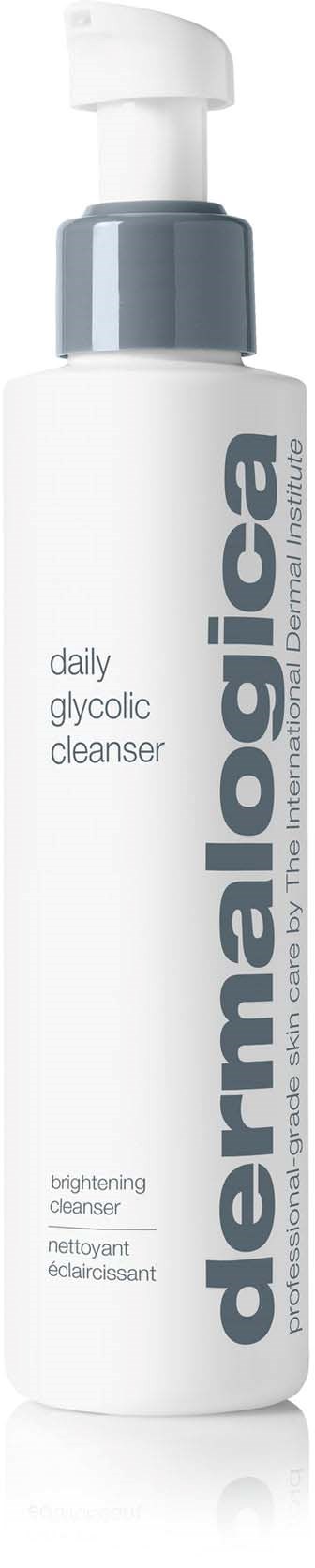 En vit flaska med pump. Etiketter säger 'dermalogical' och 'daily glycolic cleanser.' Det ser ut som en hudvårdsprodukt.