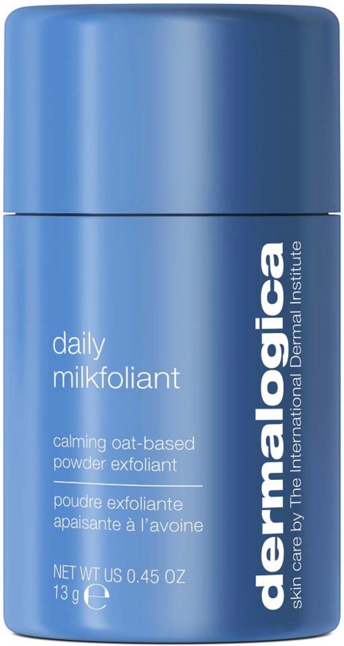 Blue cylindrical bottle of daily milkfoliant exfoliant with white text.