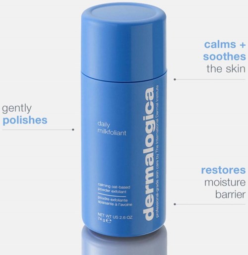 A blue bottle with labels about calming skin, polishing, and restoring moisture, called daily milkfoilant, by Dermalogica.