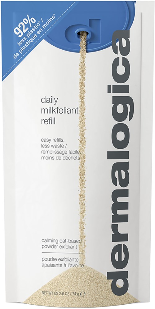 Dusty beige powder flows from a blue plastic dispenser on white packaging. Contains daily milkfoiliant refill with easy refills.