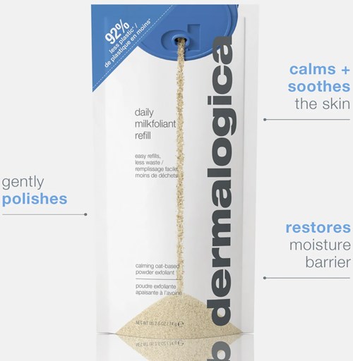 A daily milkfoam refill packet, blue and white, with text describing its calming and restoring skin benefits.