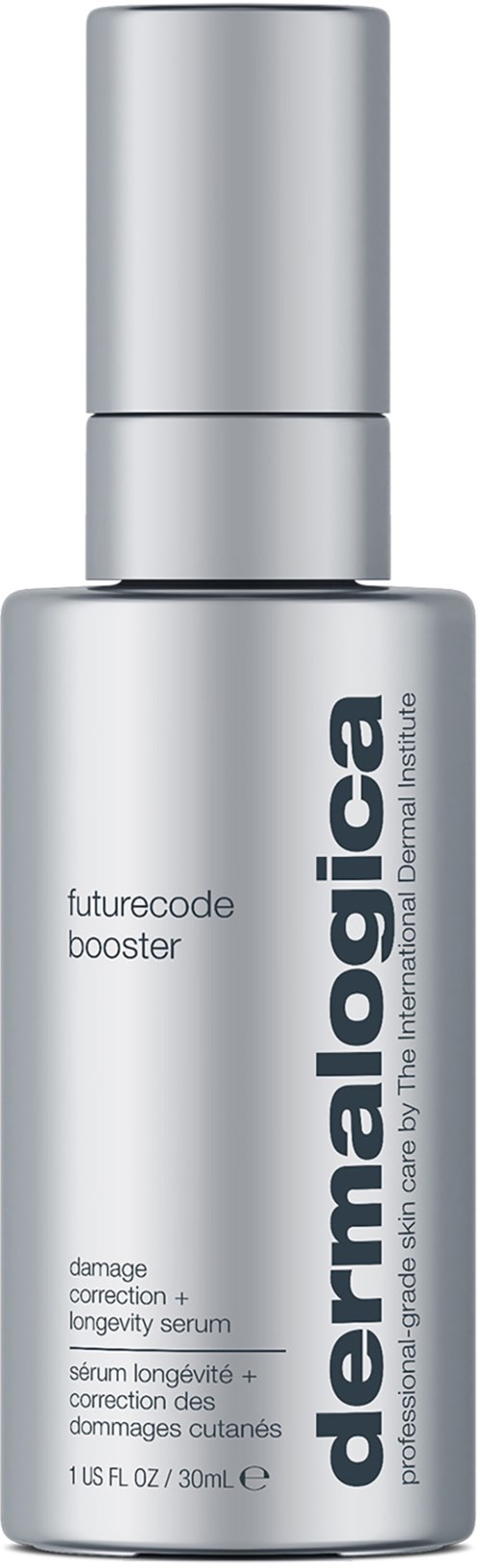 Silver bottle labeled Dermalogica with words future code booster and damage correction serum.