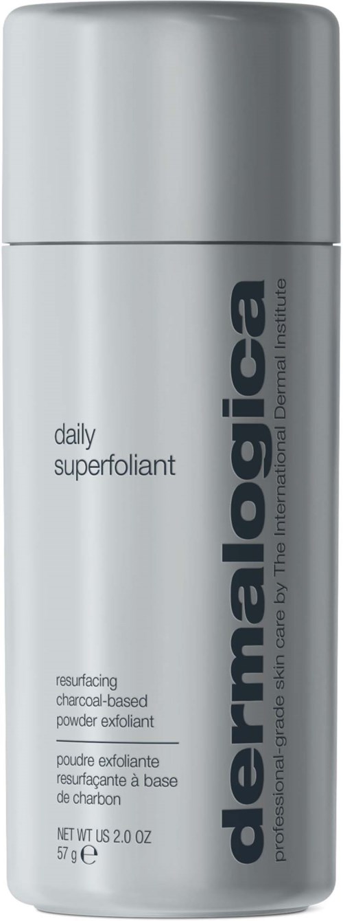 Kohletiges Peelingpulver in einer grauen Flasche mit schwarzem und weißem Text für Dermaologica daily superfoliant.