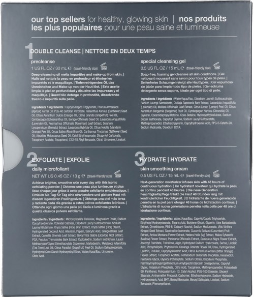 This image shows a skincare product label with three steps: cleanse, exfoliate, and hydrate. It contains product details and ingredients.